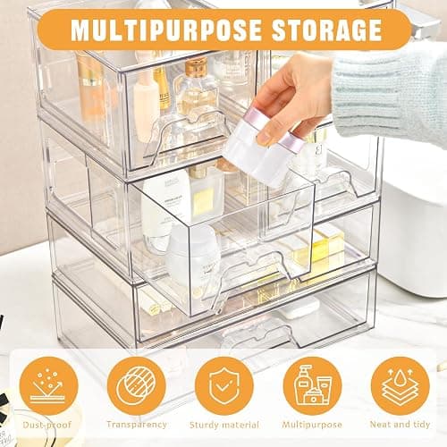 Stebopum 6 Pack Stackable Storage Drawers Clear Acrylic Organizer Makeup Bathroom Organizer and Storage Bins for Beauty Supplies,Ideal for Vanity, Bathroom,Pantry Organization thumbnail 5