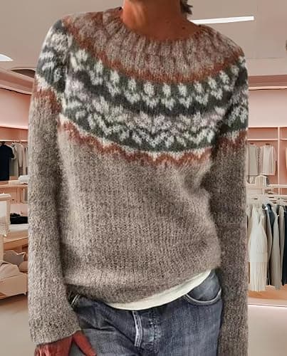 Scapodo Women's Oversized Sweater Vintage Striped Crewneck Top Soft Acrylic Long Sleeve Casual Pullover for Vacation thumbnail 5