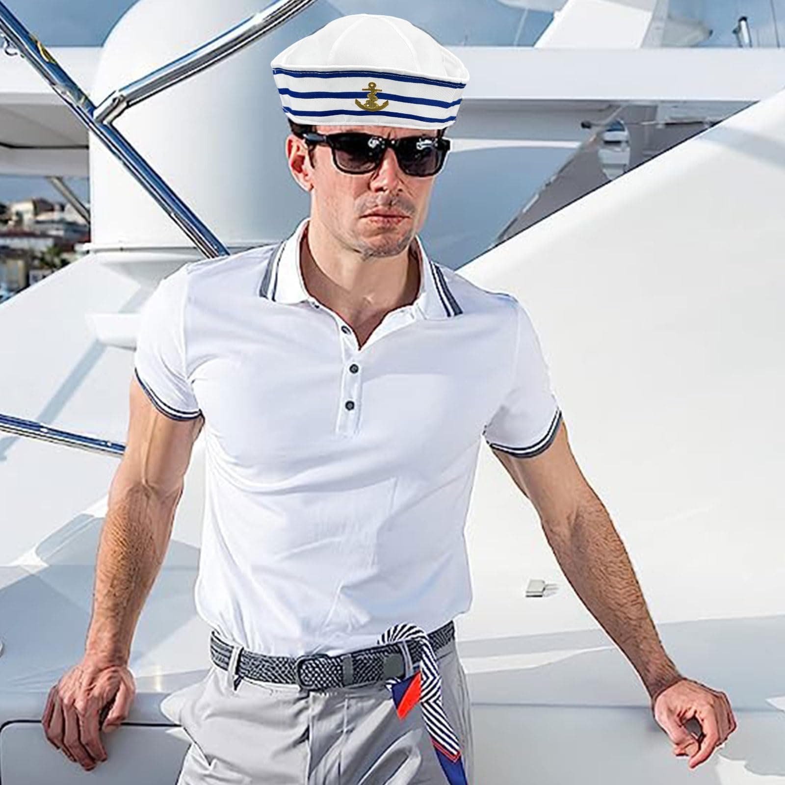 Sailor Hat and Scarf Set for Men Women,Fancy Dress Sailor Set,Blue with White Sailor Hat Scarf,for Costume Accessory, Dressing Up for Cosplay Nautical Themes Party Stage Performance thumbnail 7