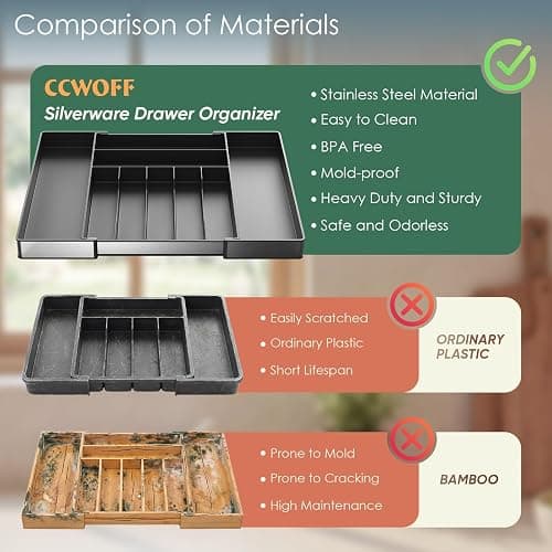 Silverware Drawer Organizer, 9 Slots Expandable Kitchen Drawer Organizer | Extra Large Utensil Holder & Cutlery Tray, Heavy Duty Stainless Steel Frame Flatware Organizer, Non-Slip Feet Included, Black thumbnail 5
