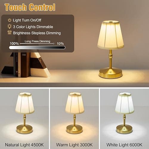 5w Led Cordless Mini Lamps,3000 mah Battery Operated Lamp,3 Color Temperature Dimmable Table Lamp,Gold Rechargeable Table Lamp Fabric,Aesthetic Small kitchen Lamp for Counter,Restaurant,Bar,H9.8" thumbnail 4