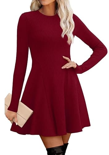 OFEEFAN Sweater Dress for Women Fall 2025 Long Sleeve Crew Neck Ribbed Knit Fit and Flare A-Line Dresses - Image 1