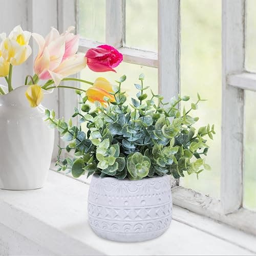 Winlyn Set of 2 Small Artificial Potted Plants Faux Eucalyptus Plant in White Geometric Ceramic Pots Small Desk Potted Plants 7.1" Tall for Home Office Room Decorations Wedding Greenery Centerpiece thumbnail 4