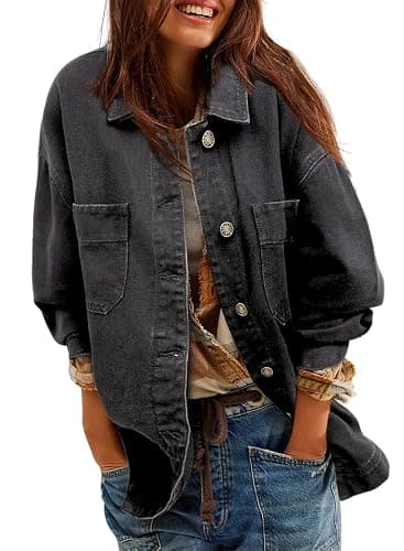 Sidefeel Women's Jean Jacket Oversized Boyfriend Button Up Long Sleeve Split Zimbaplatinum Denim Jackets - Image 1