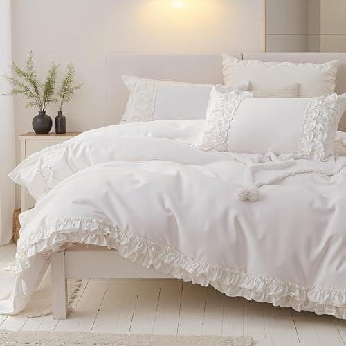 Merryword 100% Cotton Ruffled Duvet Cover Set Queen, White Shabby Chic Farmhouse Bedding Set French Country Cute Comforter Cover thumbnail 6