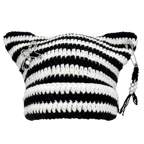 Hshsclth Cat Ear Beanie for Women, Y2K Striped Slouchy Crochet Goth Style with DIY Accessories, Cute Knit Hat with Ears - Image 1