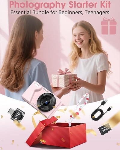 4K Digital Camera with Front Rear Lens, Autofocus and 32G Card, Metal Shell | Built-in 2000mAh Battery, Non-Slip Handle,64MP with Flash, 2.8" Screen, 18X Zoom for Beginner Teens Adult, Party,Travel, Pink thumbnail 9