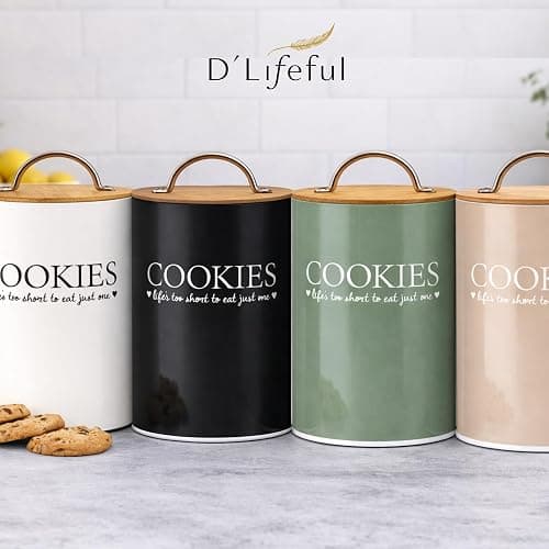 D'Lifeful Cookie Jar with Airtight Bamboo Lid – 1.1 Gallon Cute and Decorative Cookie Storage for Kitchen Countertop – Farmhouse Storage Tin for Freshness – Great Gift Idea (Off White) thumbnail 7