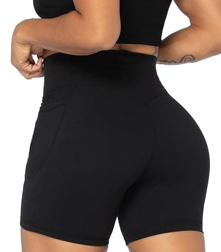 Sunzel No Front Seam Biker Shorts for Women with Pockets, Yoga Workout Gym Bike Shorts with Tummy Control - 5" Inseam - Medium - Black thumbnail 4