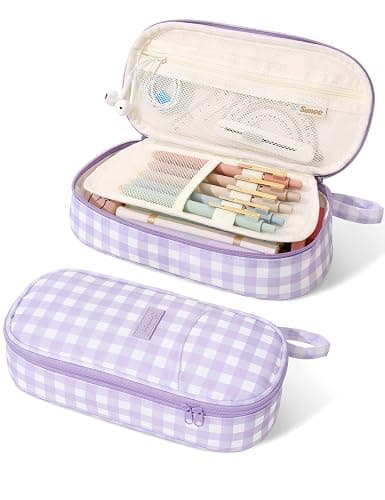 SUNEE Cute Pencil Case, Large Colored Pencil Pouch, Aesthetic Pen Bag with Zipper, Kawaii Stationery Storage and Organizer, School Supplies for Teen and Adult, Boys & Girls, Purple Checkered - Image 1