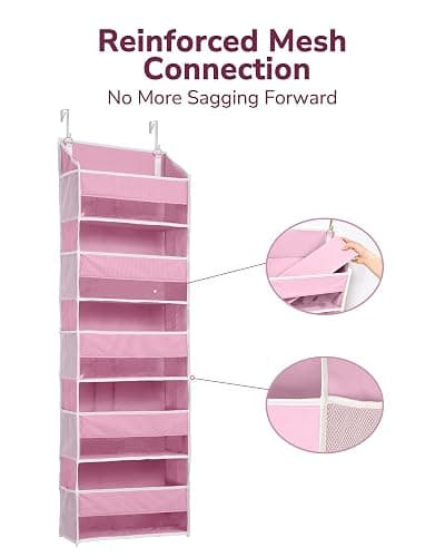 ULG 1 Pack Over Door Organizer with 5 Large Pockets 10 Mesh Side Pockets, 44 lbs Weight Capacity Hanging Storage Organizer with Clear Window Kids Toys, Shoes, Diapers, Pink thumbnail 5