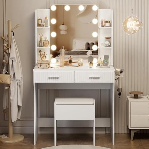 Otterease Vanity Desk with LED Lighted Mirror, Makeup Vanity with 3 Adjustable Lights, 2 Large Drawers and 4 Open Shelves, White Vanity with Storage Stool for Bedroom thumbnail 3