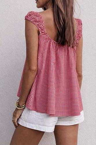Dapoola Women Summer Tie Front Babydoll Square Neck Shirt Pleated Tank Top | Sleeveless Gingham Plaid Tank, Checkered Flowy Lightweight Blouse, A-line Loose Fit Daily Cami, Y2K Peplum Ruffled Top Tee thumbnail 2