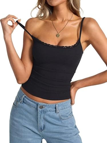 EasyGala Womens Lace Camisole Tops Square Neck Ribbed Tank Tops Adjustable Spaghetti Straps Sleeveless Summer Shirt 2025 thumbnail 2