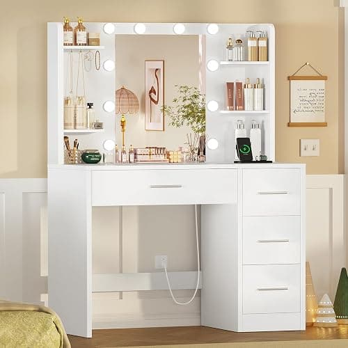 FIONESO Vanity Desk with Mirror and Lights, Makeup Vanity with Power Outlet and 4 Drawers & 6 Shelves & 5 Hooks, 3 Color Modes & Adjustable Brightness, White Vanity for Bedroom thumbnail 3