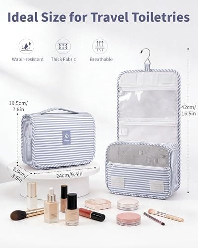 Narwey Small Hanging Toiletry Bag for Travel Women Girl, Striped Toiletries Travel Bag with Hook, Hanging Makeup Bag Organizer Make Up Cosmetic Bags, Gifts for Kids Teen (Greyish Blue Stripe) thumbnail 2
