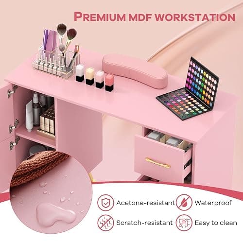 WELLHUT Nail Table for Nail Tech, Manicure Table w/Movable Wrist Rest, Acetone Resistant Nail Desk Salon Station Workstation with 3 Drawers, 2 Large Cabinets for Home Office Spa Beauty Salon thumbnail 5