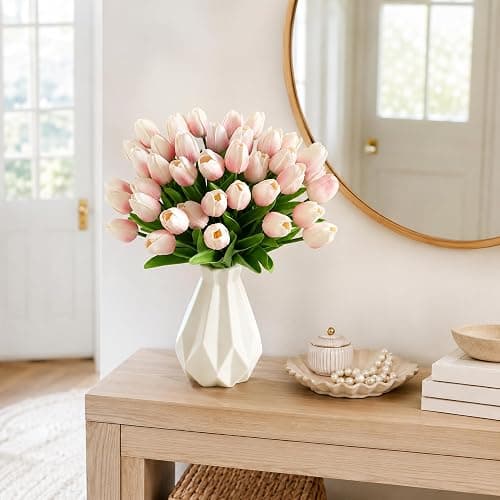 20 PCS Light Pink Artificial Tulips Flowers, 13.4" Lifelike PU Fake Tulips for Outdoors & Indoors, Faux Flowers with Real Touch Texture for Easter Decorations, Home, Living Room and Spring Decor. thumbnail 5