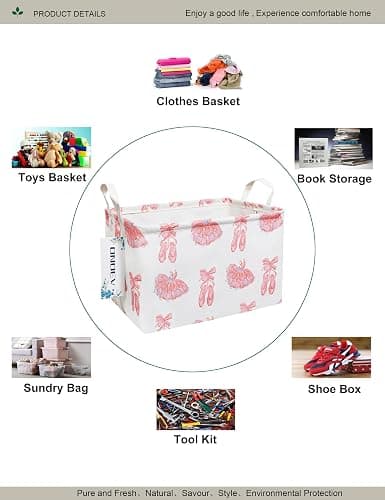 ONOEV Rectangular Folding Laundry Basket,waterproof Canvas Basket,gift basket,Suitable for children's room,Office,Clothes,Toys Storage(Pink lace dance shoes) thumbnail 3