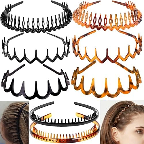 ULTIMUTE 8 PCS Fashion Effortless Plastic Headbands with Teeth Comb Black Skinny Headbands No Slip Hair Accessories Bands for Women Men Teen Girls, Leopard&Bright Black - Image 1