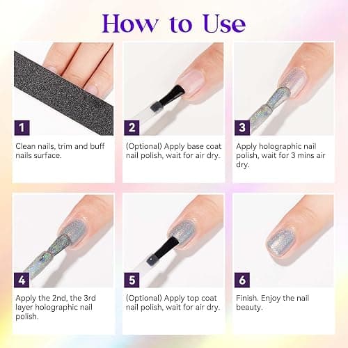 MIZHSE Holographic Nail Polish, Silver Glitter Nail Polish Air Dry Fast, 15 ml 0.5 fl oz High Glossy Shiny Nail Pigment Oil-based Laser Iridescent Nail Lacquer Chrome Halo Nail Art Salon Manicure Home thumbnail 8