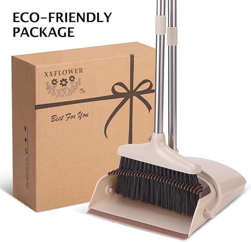 XXFLOWER Broom and Dustpan Set with Long Handle, Light Weight Stainless Steel Poles Stand Upright Dustpans with Broom Combo for Home Kitchen Office Pet Dog Hair, Brown & Beige Color, 1-Pack thumbnail 8
