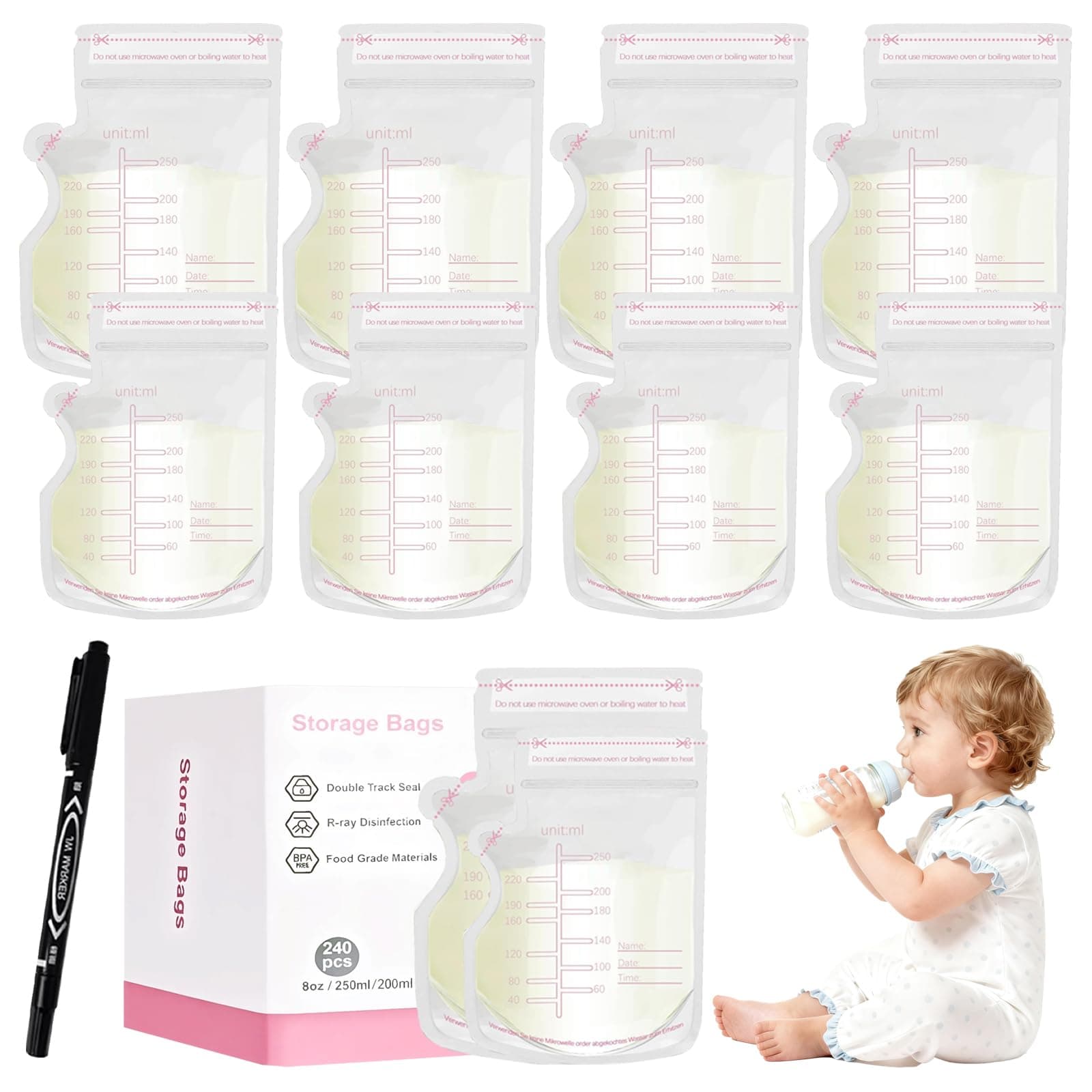 240 Pzas Bolsas para Leche Materna 250ml,Recolector de Leche Materna Doble Sello Antifugas con Bolígrafo,Autoplanchables y Preesterilizadas,Para Congelador,Refrigeración y Recolector de Leche (240PCS) - Image 1