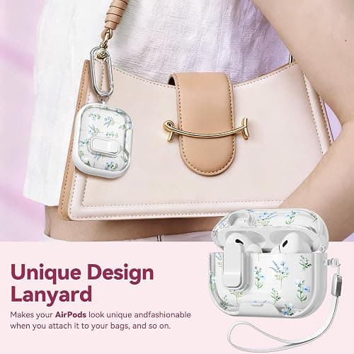 Skyconser with Safety Lock for Apple AirPods Pro 2nd 1st Case,Clear Floral Cute AirPods Pro 2 Case with Phone Stand & Cleaning Kit for Women Girly-Blue Narcissus thumbnail 6