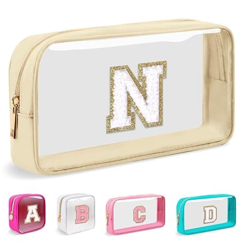 Mini Clear Personalized Initial Makeup Bag, Nylon Preppy A-Z Chenille Letter Patch Zipper Cosmetic Bag, Small Cute Pouch Travel Coin Purse Toiletry Bag, Small-Beige, N - Image 1