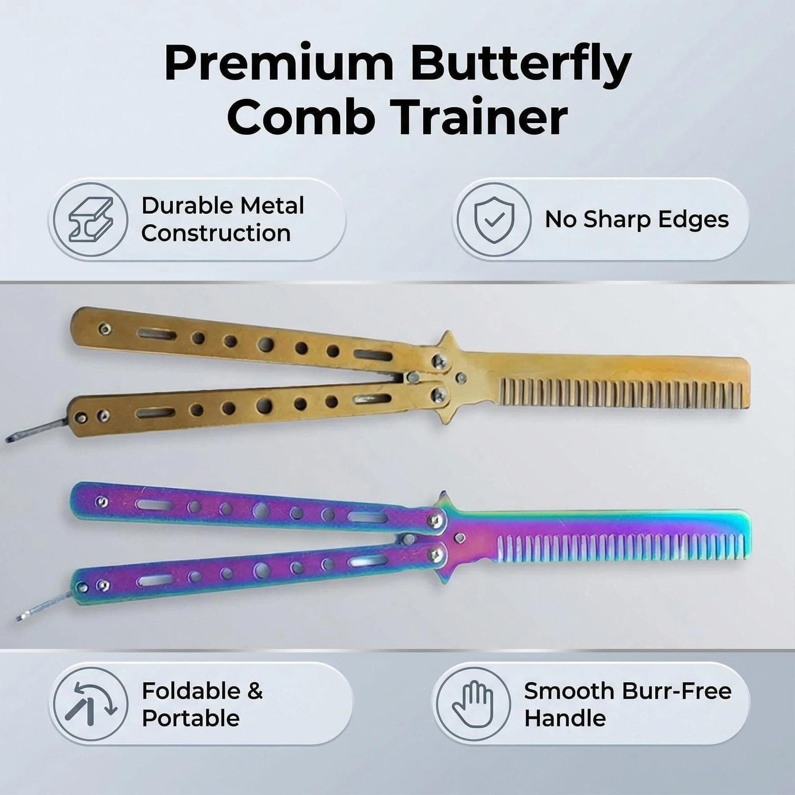 2 pcs Stainless Steel Practice Butterfly Knife and Comb Trainer for Beginners - Portable, Multifunctional Tools for Butterfly Comb Enthusiasts - Safe and Durable Training Set (Colorful,Gold） thumbnail 4