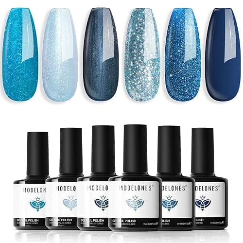 Modelones Gel Nail Polish 6 Colors Blue Glitter Galaxy Dark Blue 9D Cat Eye Gel Polish with Magnet Shimmer Pearl Soak Off Led Nail Art DIY Salon Gift For Women - Image 1