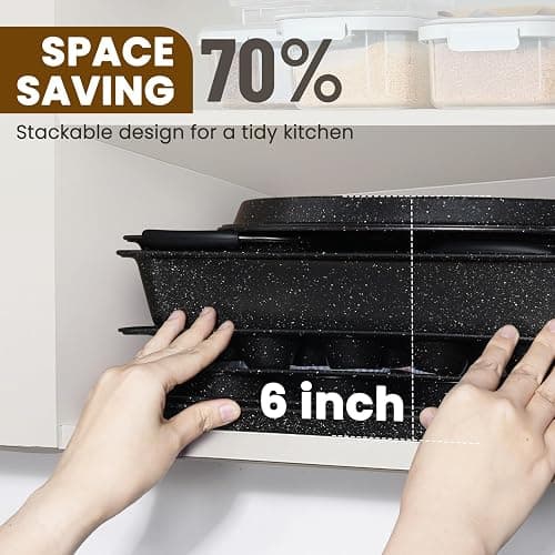 Kikcoin 22 PCS Nonstick Baking Pans Set, Stackable Bakeware Sets with Silicone Handles, 450°F Oven Safe Baking Sheet set, Easy Release Cookie Sheets for Baking, Black thumbnail 6