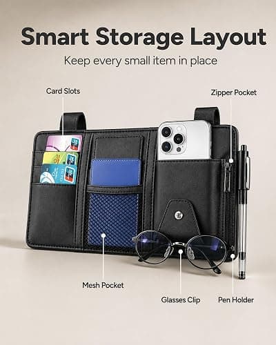 All‑in‑one Sun Visor Organizer Double Zippers Elastic Bands & Glasses Clip | Daily Driving for Cards, Money, Tickets, Leather Interior Accessories, Car Truck Suv Storage Pouch Holder(Black) thumbnail 3