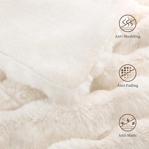 Faux Rabbit Fur Throw Blanket for Couch, Fluffy Warm Plush Thick Bubble Blanket for Bed Sofa Living Room, Soft Cozy Furry Blanket, 50x60 inches, Cream White thumbnail 4
