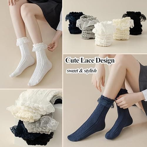 BIVOLU Womens Crew Socks Lace Ruffle Frilly Cotton Cute Princess Ankle Dress Socks for Girl 5 Pack thumbnail 4