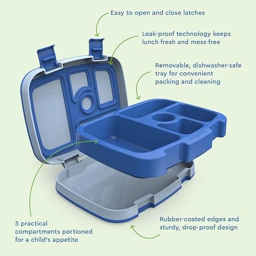 Bentgo Kids Bento-Style 5-Compartment Leak-Proof Lunch Box - Ideal Portion Sizes for Ages 3 to 7 - Durable, Drop-Proof, Dishwasher Safe, PFAS & BPA-Free & Made with Food-Safe Materials (Blue) thumbnail 6