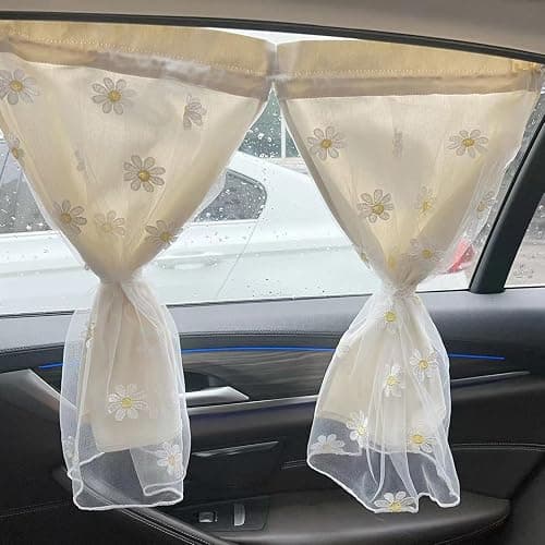Nawwgy Embroidery Flower Car Window Covers Auto Cotton Vehicle Window Drapes Privacy & Resistant ins Embroidered Chrysanthemum lace Double car Curtains thumbnail 4