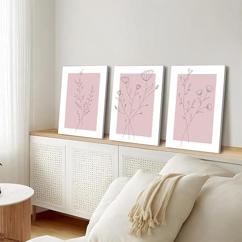 WARTHZ Pink Flower Wall Art Light Pink and White Botanical Line Pictures Wall Decor Painting Set of 3 Floral Plant Poster Canvas Print for Girl Bedroom Living Room Framed 16x24 inch thumbnail 3