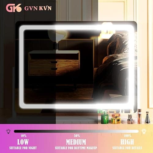 Gvnkvn Makeup Vanity Mirror 24" x 19" Large LED Makeup Mirror, Desk Mirorr with Lights, Light up Mirror with 10X Magnification and, Dimmable 3 Modes, Touch Control White thumbnail 6