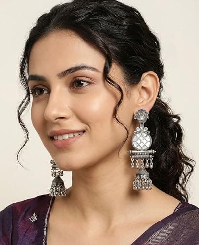 Indian Silver Oxidized Jhumkas Earring for Women Indian Ethnic Traditional Lighweight Dangle Long Jhumka Hoop Earring Jewelry Birthday Gifts thumbnail 5