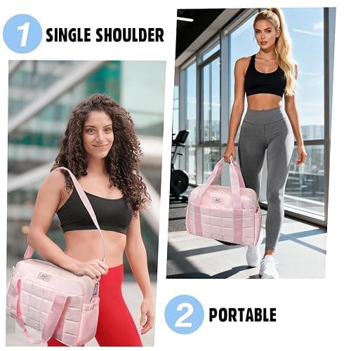 Wolt Small Gym Bag for Women, 14 inch Crossbody Gym Duffle Bag with Wet Compartment, Quilted Tote for Sports Travel Weekender, Pink thumbnail 8