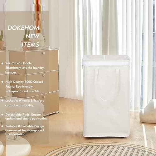 DOKEHOM 90L X-Large Laundry Basket with Removable Wash Bag on Wheels, Collapsible Rolling Laundry Hamper, Foldable Clothes Organizer, Folding Washing Bin (Beige) thumbnail 4