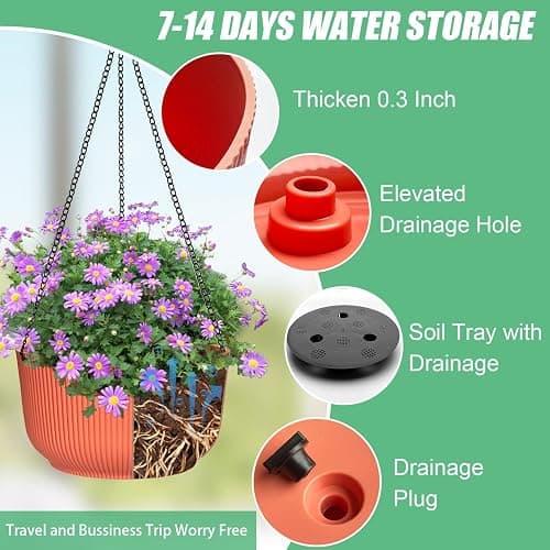 RooTrimmer Hanging Planters 9/10/11 Inch for Indoor Plants, 3 Pack Plant Hanger Outdoor with Drainage Holes, Self Watering Hanging Basket Flower Pot for Garden Home Decor, Light Coral thumbnail 4