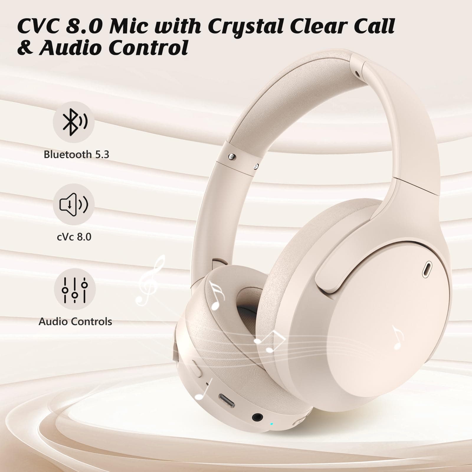 Active Noise Cancelling Headphones, Bluetooth 5.3 Version, Wireless Headsets, 55H Playtime, ANC Mode Over 28dB Noise Reduce, CVC 8.0 Mic, Hi-Fi Audio Sound, USB-C Charge, Protein Skin Over Ear Cups. thumbnail 6