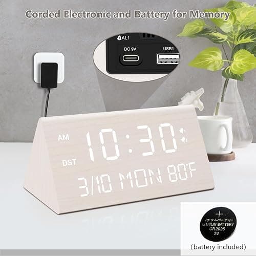 Kogonee Wooden Digital Alarm Clock, 0-100% Dimmer, 2 Alarm Settings, Weekday/Everyday Mode, 9 Mins Snooze, 12/24H, Temperature and Date Display for Office, Travel, Bedroom Alarm Clock (White) thumbnail 2