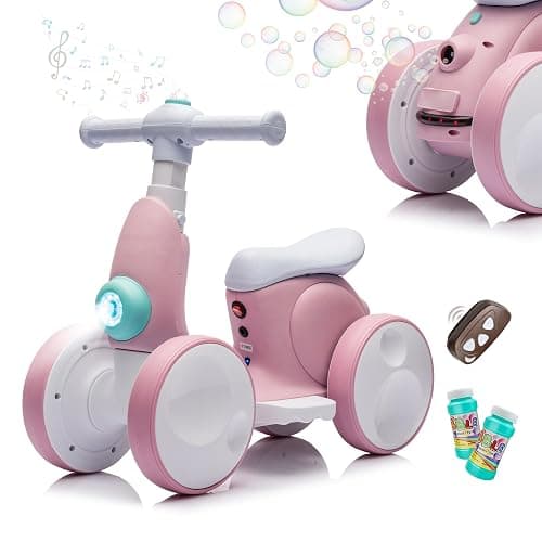 JoyRydz 6V Electric Baby Balance Bike with Bubble Machine,4 in 1 Toddler Balance Bike w/Remote Control for 1 Year Old Boys Girls Kids Bubble Bike Ride on Toys w/Powered Motor,Music,LED Lights (Pink) - Image 1