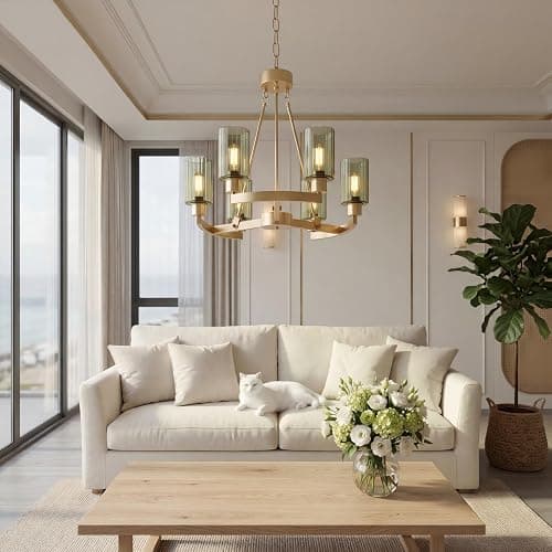 Virelite Modern Gold Chandelier 6-Light - 24" Olive Green Fluted Glass Pendant Light, High-End Brass Hanging Ceiling Fixture for Dining Room, Kitchen Island, Living Room thumbnail 3