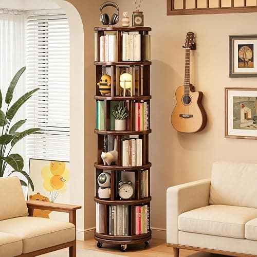 6-Tier Rotating Bookshelf Tower, 360° Solid Wood Rotating Bookcase with Wheels, Vertical-Movement Corner Bookshelves, Spinning Bookshelf for Small Spaces, Bedrooms, Offices, and Kids Room (Walnut) thumbnail 8