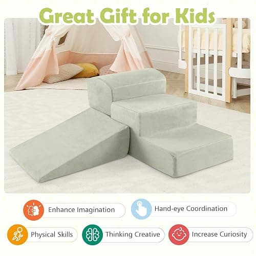 COSTWAY 5-Piece Soft Play Climbing Blocks, Baby Climb and Crawl Playset with Ball Pit, Foam Playground Montessori Toy for Toddlers (Green) - Green thumbnail 7