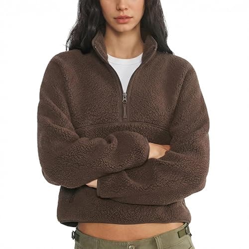 Yioaga Fleece Sweatshirts for Women Cropped Long Sleeve Half Zip Pullover Sherpa Jacket Warm Fuzzy Coats with Pockets - Image 1